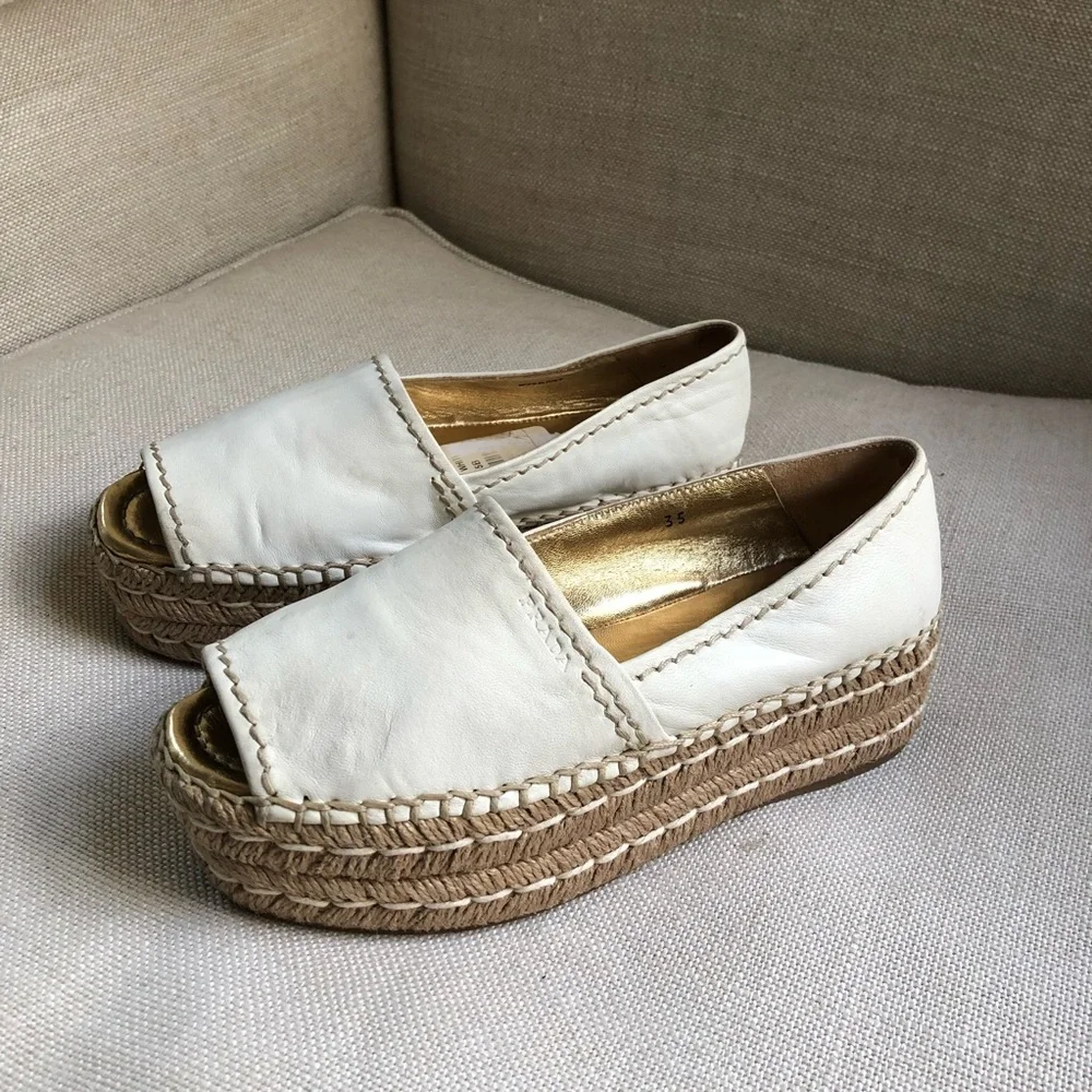Prada Espadrille Sandals Platform White Leather US 5